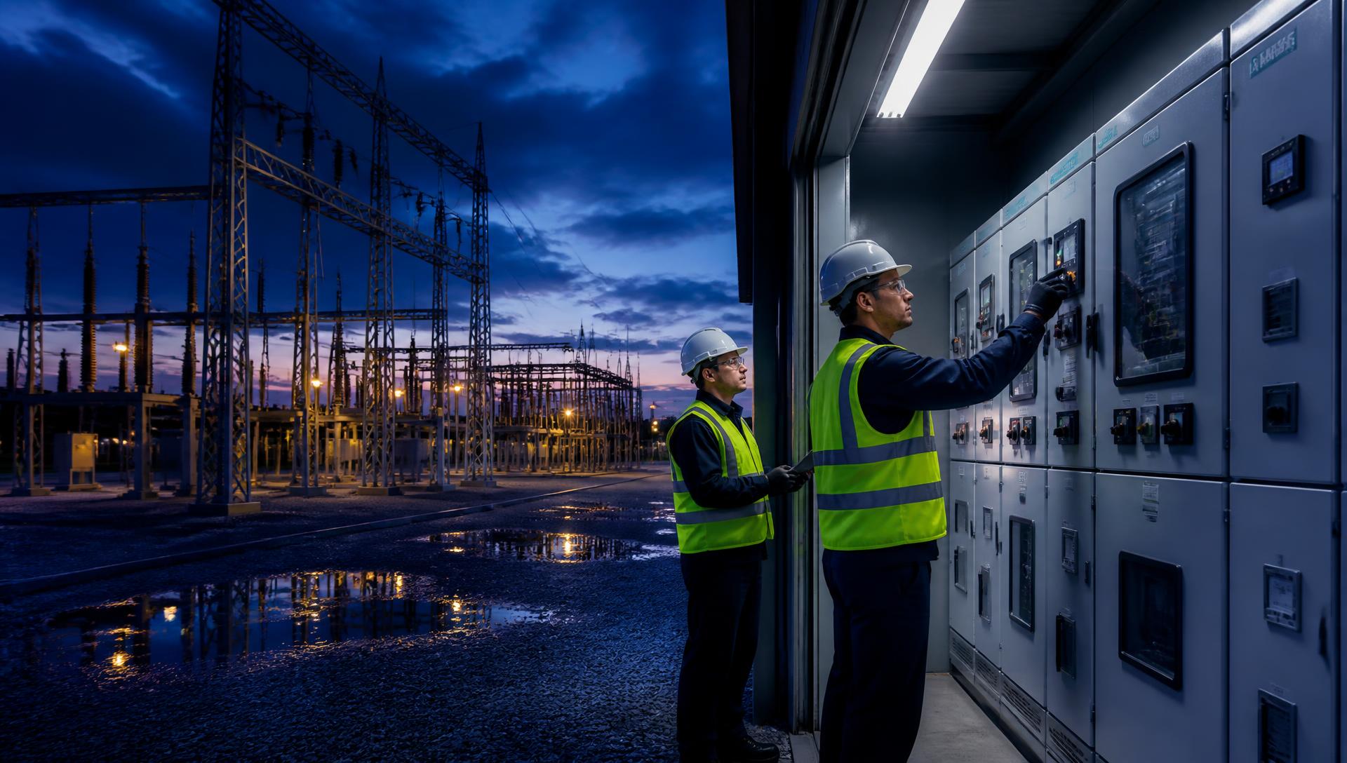 Neogen Engineering engineers inspecting switchgear at an electrical substation at dusk